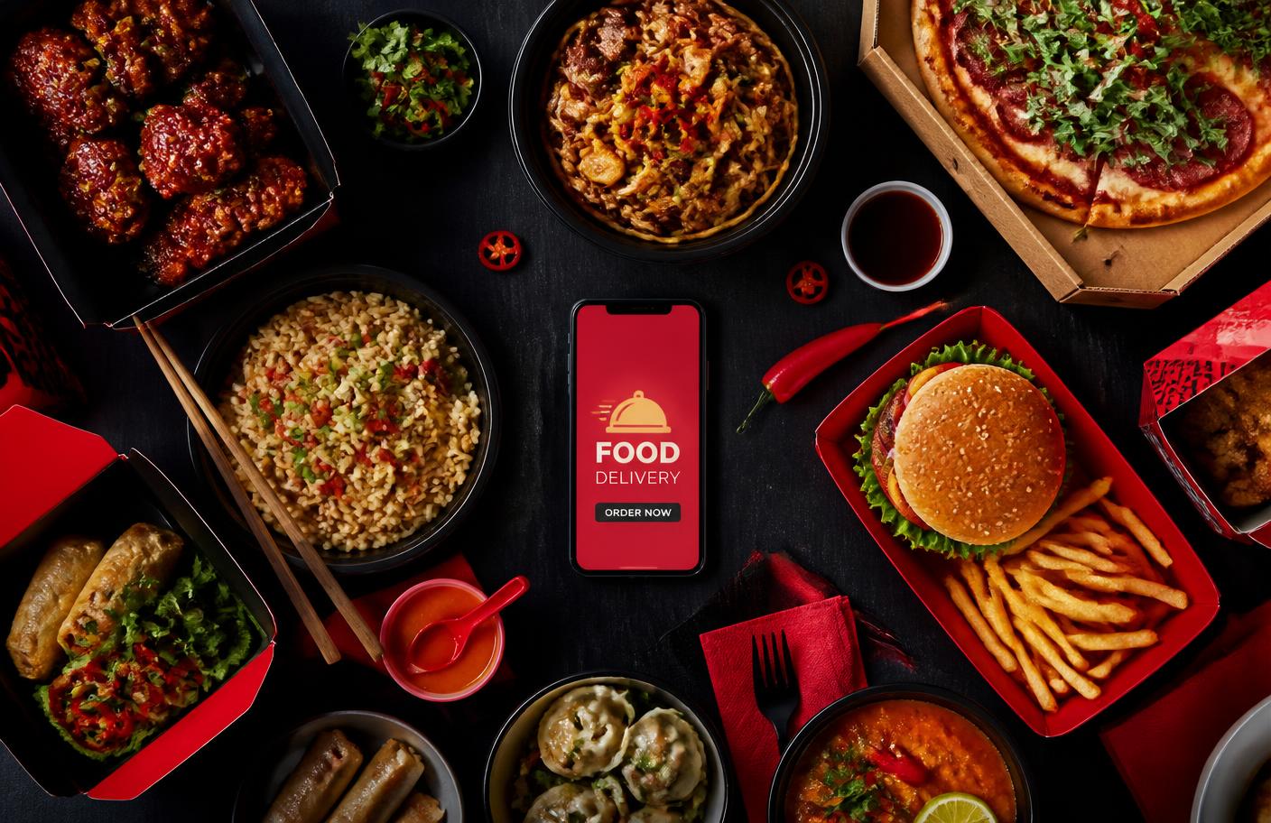 Mesa com diversos pratos e um celular com aplicativo de delivery